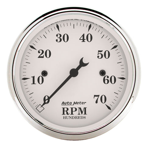 GAUGE, TACHOMETER, 3 1/8in, 7K RPM, IN-DASH, OLD TYME WHITE