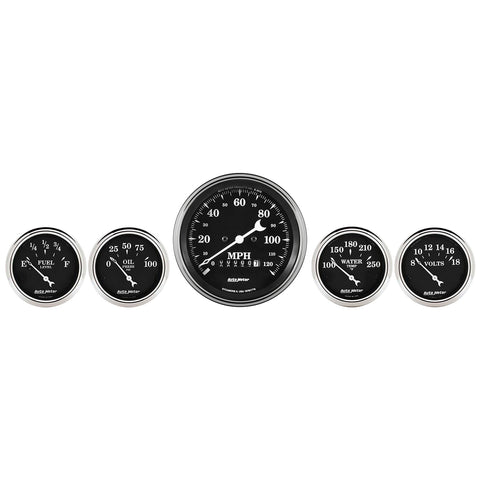 GAUGE KIT, 5 PC., 3 3/8in & 2 1/16in, ELEC. SPEEDOMETER, OLD TYME BLACK