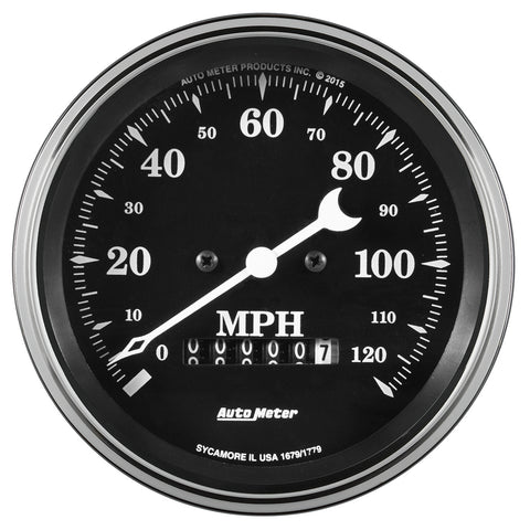 GAUGE, SPEEDO., 3 3/8in, 120MPH, ELEC. PROG. W/ WHEEL ODO, OLD TYME BLACK