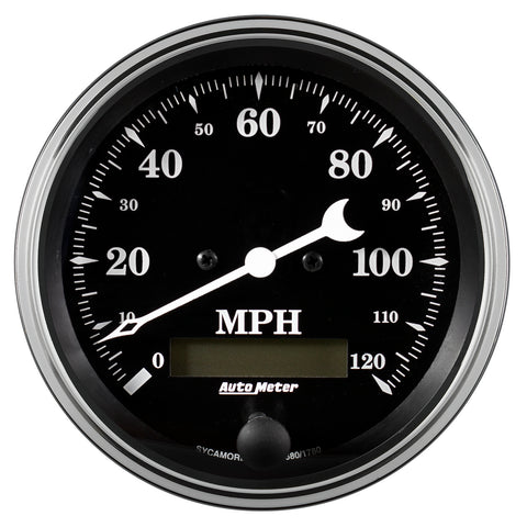 GAUGE, SPEEDO., 3 3/8in, 120MPH, ELEC. PROG. W/ LCD ODO, OLD TYME BLACK