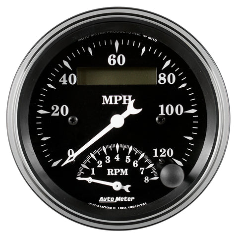GAUGE, TACH/SPEEDO, 3 3/8in, 120MPH & 8K RPM, ELEC. PROGRAM., OLD TYME BLK