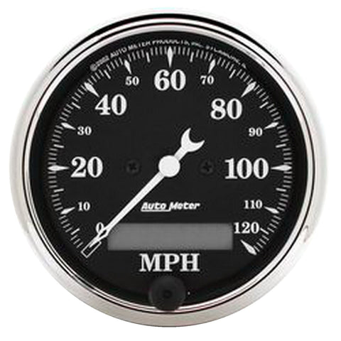 GAUGE, SPEEDO., 3 1/8in, 120MPH, ELEC. PROG. W/ LCD ODO, OLD TYME BLK