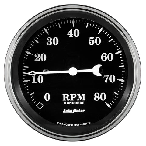 GAUGE, TACHOMETER, 3 3/8in, 8K RPM, IN-DASH, OLD TYME BLACK