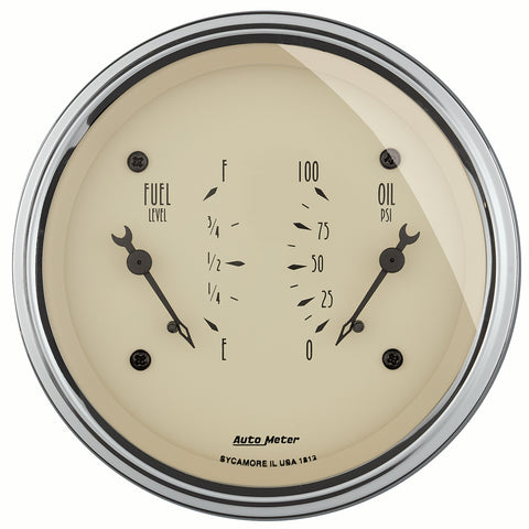 GAUGE, DUAL, FUEL & OILP, 3 3/8in, 240OE-33OF & 100PSI, ELEC, ANTQ BEIGE