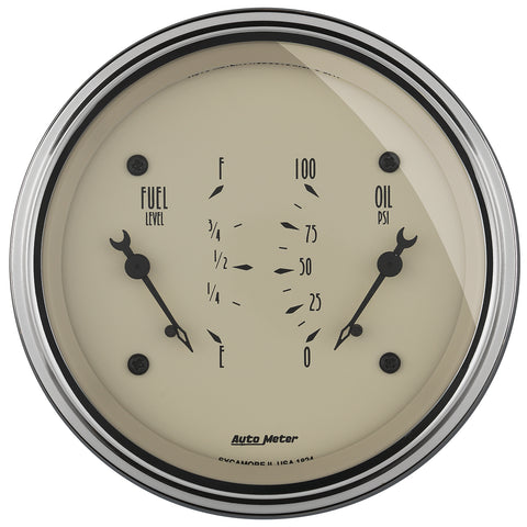 GAUGE, DUAL, FUEL & OILP, 3 3/8in, 0OE-90OF & 100PSI, ELEC, ANTQ BEIGE