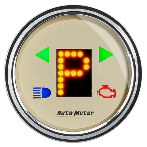 GAUGE, GEAR POS, 2 1/16in, INCL INDICATORS, BEIGE DIAL, DOME LENS, CHROME BZL