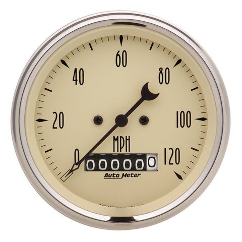 GAUGE, SPEEDO., 3 3/8in, 120MPH, ELEC. PROG. W/ WHEEL ODO, ANTQ BEIGE