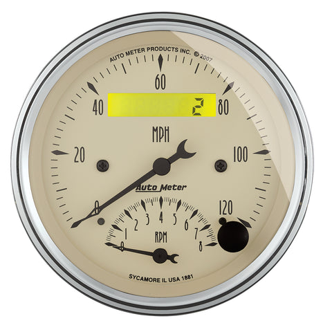 GAUGE, TACH/SPEEDO, 3 3/8in, 120MPH & 8K RPM, ELEC. PROGRAM., ANTQ BEIGE