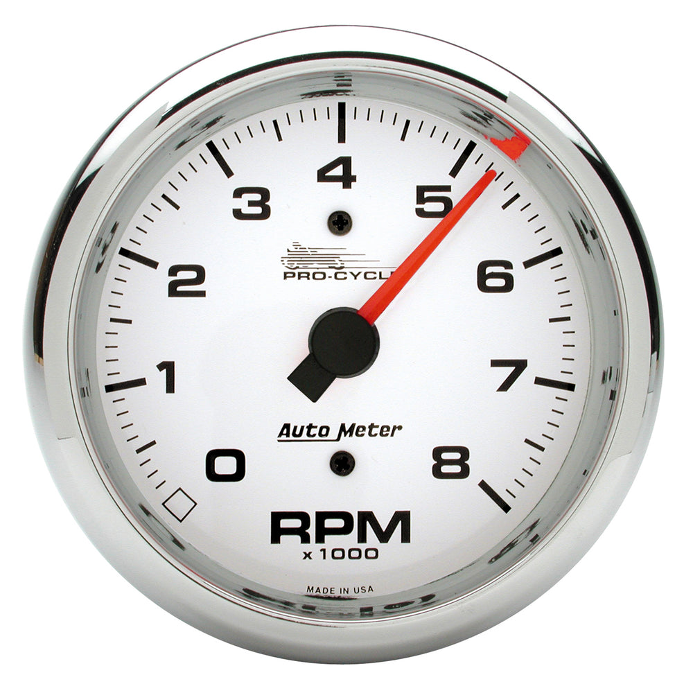 GAUGE, TACH, 3 3/4in, 8K RPM, 2&4 CYLINDER, WHITE, PRO-CYCLE