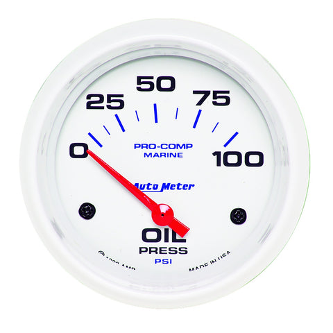 GAUGE, OIL PRESSURE, 2 5/8in, 100PSI, ELECTRIC, MARINE WHITE