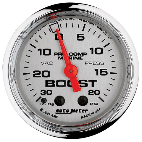 GAUGE, VAC/BOOST, 2 1/16in, 30INHG-20PSI, MECHANICAL, MARINE CHROME