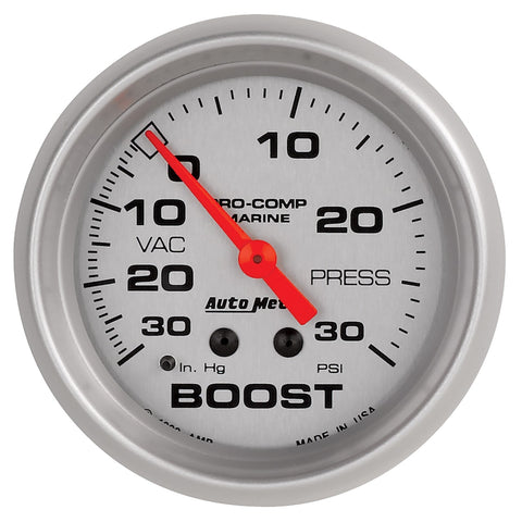 GAUGE, VAC/BOOST, 2 5/8in, 30INHG-30PSI, MECHANICAL, MARINE SILVER