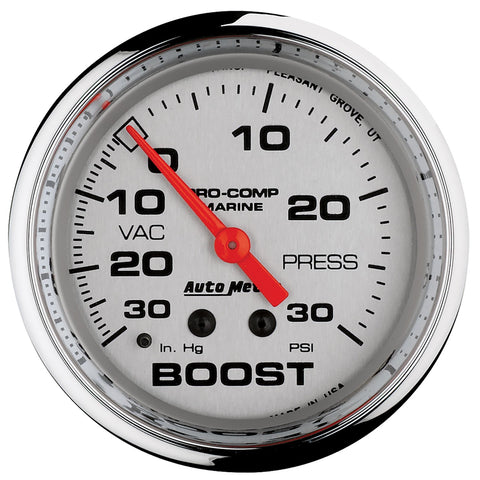 GAUGE, VAC/BOOST, 2 5/8in, 30INHG-30PSI, MECHANICAL, MARINE CHROME