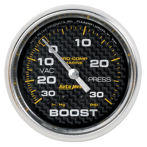 GAUGE, VAC/BOOST, 2 5/8in, 30INHG-30PSI, MECHANICAL, MARINE CARBON FIBER