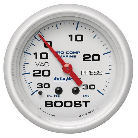 GAUGE, VAC/BOOST, 2 5/8in, 30INHG-30PSI, MECHANICAL, MARINE WHITE