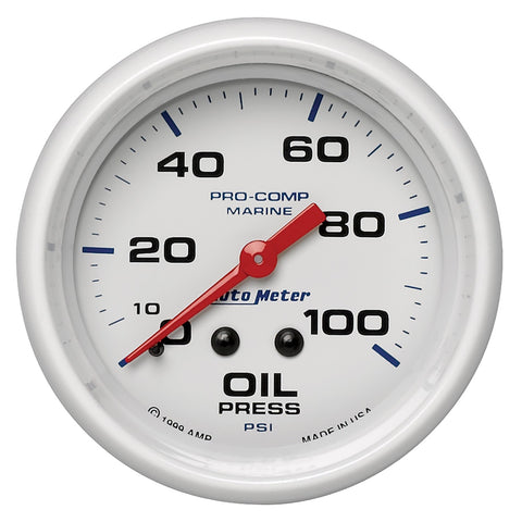 GAUGE, OIL PRESSURE, 2 5/8in, 100PSI, MECHANICAL, MARINE WHITE