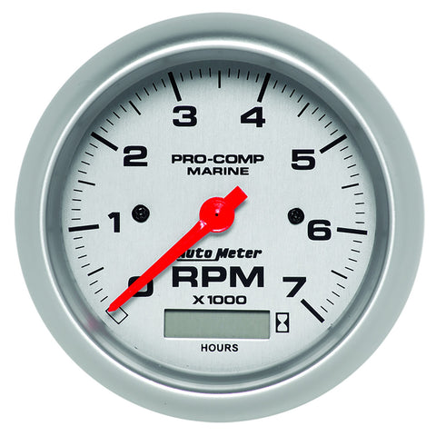 GAUGE, TACHOMETER, 3 3/8in, 7K RPM, W/ HOURMETER, MARINE SILVER