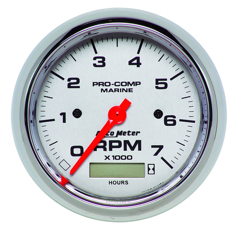 GAUGE, TACHOMETER, 3 3/8in, 7K RPM, W/ HOURMETER, MARINE CHROME