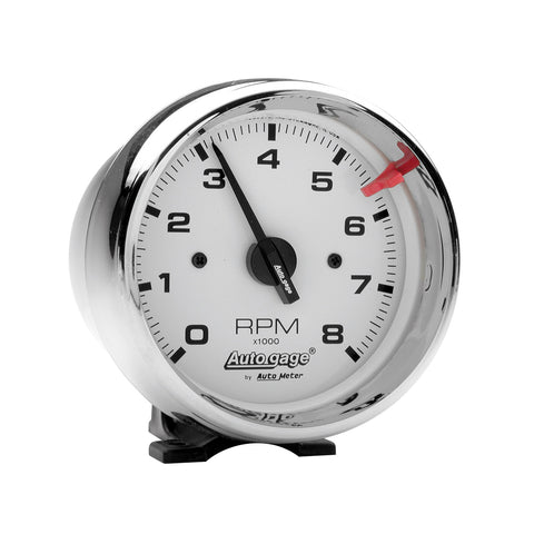 GAUGE, TACH, 3 3/4in, 8K RPM, PEDESTAL, WHT DIAL CHROME CASE, AUTOGAGE