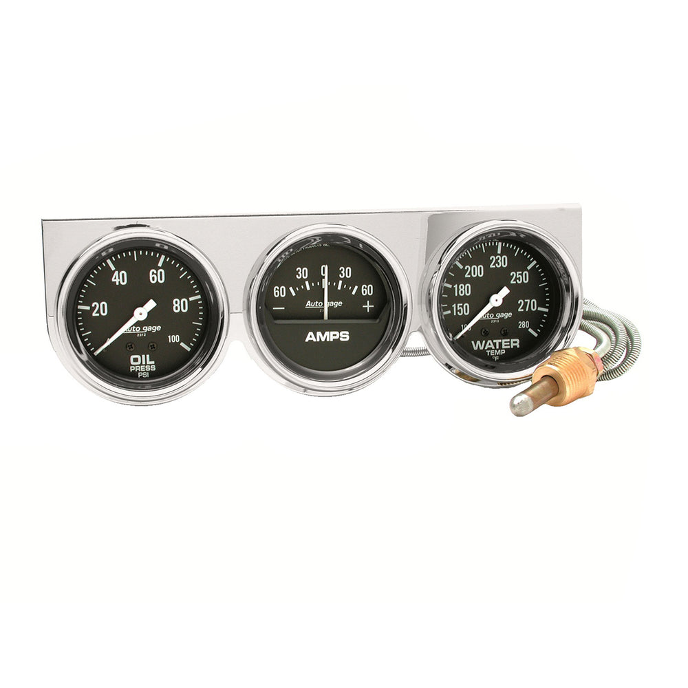 GAUGE CONSOLE, OILP/WTMP/AMP, 2 5/8in, 100PSI/280?F/60A, BLK DIAL, CHROME BZL, AG