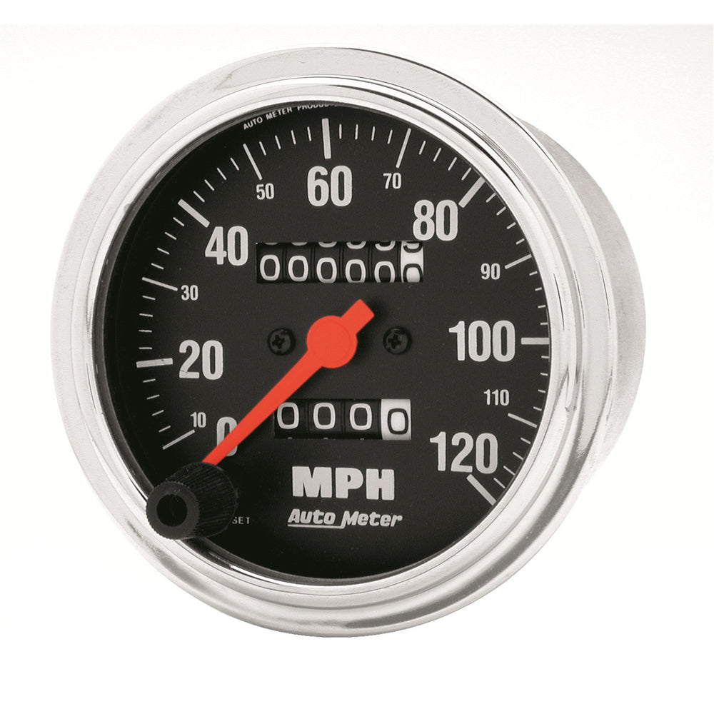 GAUGE, SPEEDOMETER, 3 3/8in, 120MPH, MECHANICAL, TRADITIONAL CHROME