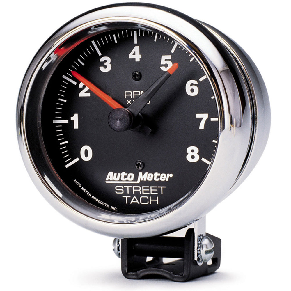 GAUGE, TACHOMETER, 3 3/4in, 8K RPM, PEDESTAL W/RED LINE, TRADITIONAL CHROME