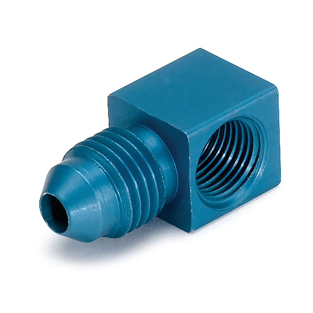 FITTING, ADAPTER, 90?, 1/8in NPTF FEMALE TO -4AN MALE, ALUMINUM, BLUE ANODIZED
