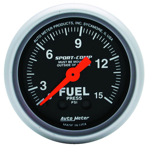 GAUGE, FUEL PRESSURE, 2 1/16in, 15PSI, MECHANICAL, SPORT-COMP