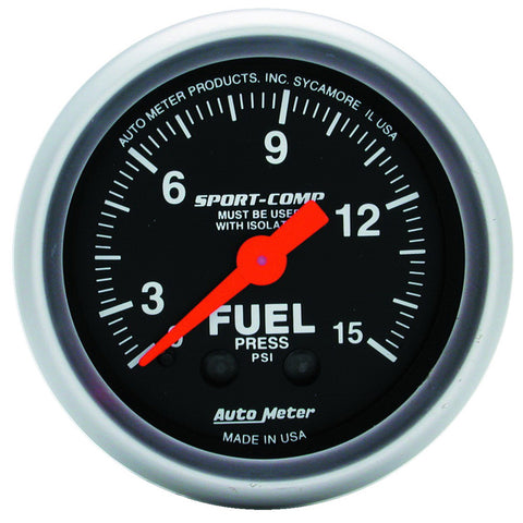 GAUGE, FUEL PRESSURE, 2 1/16in, 15PSI, MECHANICAL W/ISOLATOR, SPORT-COMP