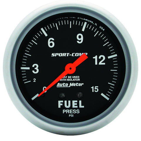 GAUGE, FUEL PRESSURE, 2 5/8in, 15PSI, MECHANICAL W/ISOLATOR, SPORT-COMP