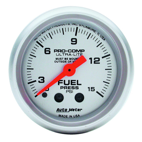 GAUGE, FUEL PRESSURE, 2 1/16in, 15PSI, MECHANICAL W/ISOLATOR, ULTRA-LITE