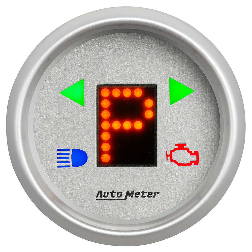 GAUGE, GEAR POS, 2 1/16in, INCL INDICATORS, SILVER DIAL, RED LED, SILVER BEZEL