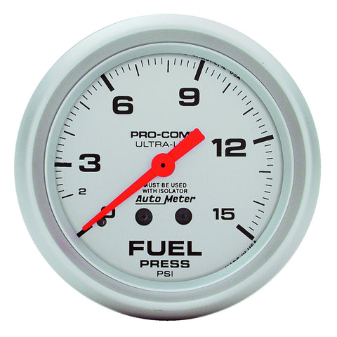 GAUGE, FUEL PRESSURE, 2 5/8in, 15PSI, MECHANICAL W/ISOLATOR, ULTRA-LITE