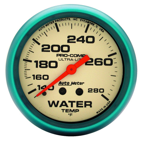 GAUGE, WATER TEMP, 2 5/8in, 140-280?F, MECH., 4FT., GLOW IN DARK, ULTRA-NITE