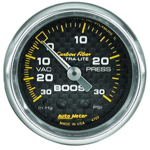 GAUGE, VAC/BOOST, 2 1/16in, 30INHG-30PSI, MECHANICAL, CARBON FIBER