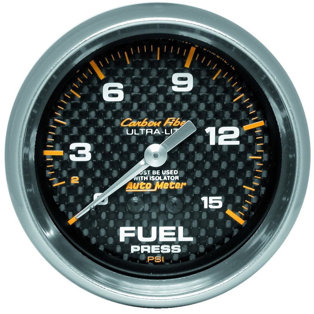 GAUGE, FUEL PRESSURE, 2 5/8in, 15PSI, MECH. INCL. ISOLATOR, CARBON FIBER