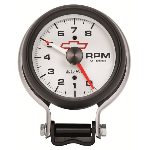 GAUGE, TACHOMETER, 3 3/4in, 8K RPM, PEDESTAL W/ RED LINE, GM BOWTIE WHITE