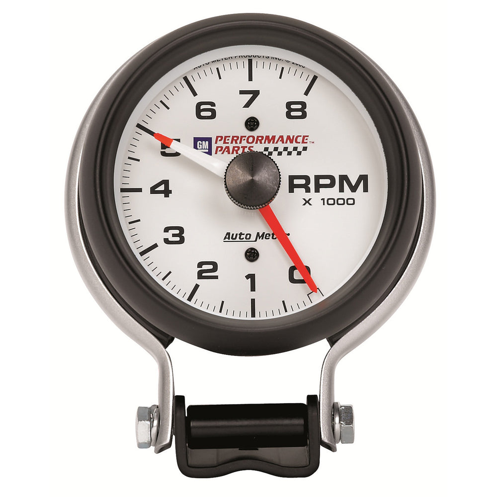 GAUGE, TACHOMETER, 3 3/4in, 8K RPM, PEDESTAL W/ RED LINE, GM PERF. WHITE