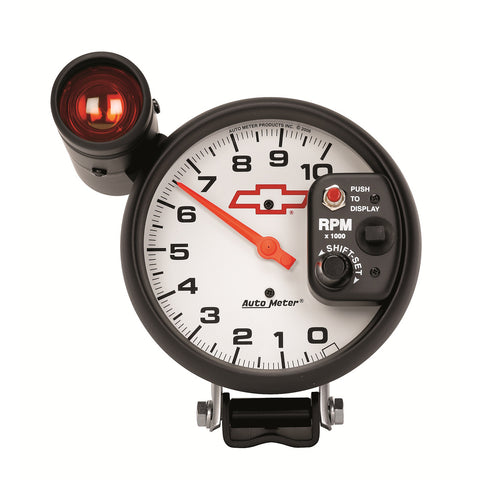 GAUGE, TACH, 5in, 10K RPM, PEDESTAL W/ EXT. SHIFT-LITE, GM BOWTIE WHITE