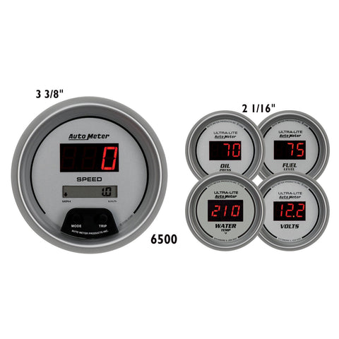 GAUGE KIT, 5 PC., 3 3/8in & 2 1/16in, ELEC. SPEEDO., DIGITAL, SILVER W/ RED LED
