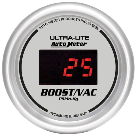 GAUGE, VAC/BOOST, 2 1/16in, 30INHG-30PSI, DIGITAL, SILVER DIAL W/ RED LED