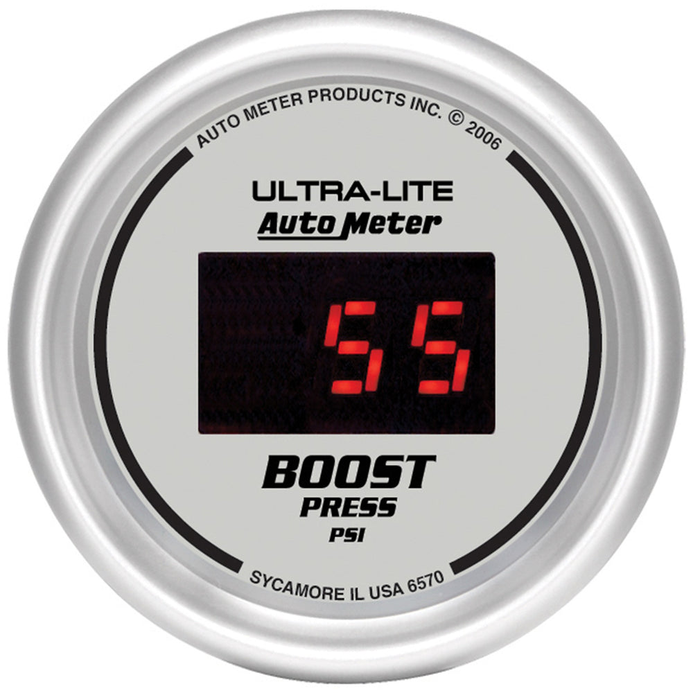 GAUGE, BOOST, 2 1/16in, 60PSI, DIGITAL, SILVER DIAL W/ RED LED