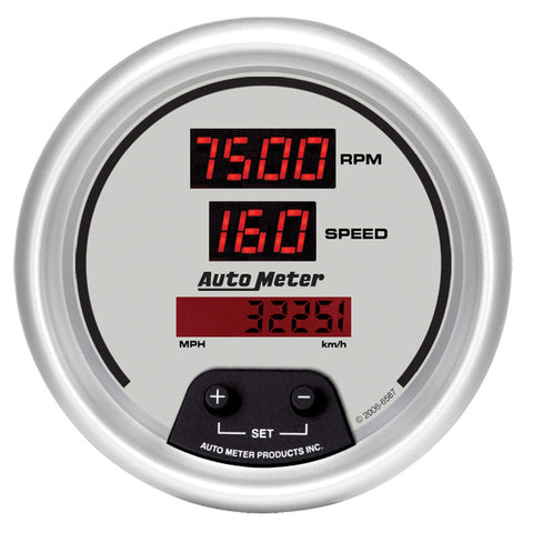 GAUGE, TACH/SPEED, 3 3/8in, 260MPH/260KMH/10KRPM, ELEC PRGRM, DIG, SLVR W/ RD LED