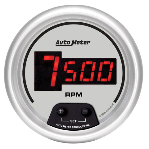 GAUGE, TACH, 3 3/8in, 10K RPM, IN-DASH, DIGITAL, SILVER DIAL W/ RED LED