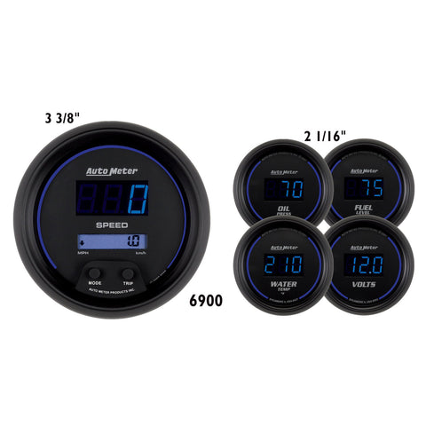 GAUGE KIT, 5 PC, 3 3/8in & 2 1/16in, ELEC SPEEDOMETER, DIGITAL, BLK W/ BLUE LED
