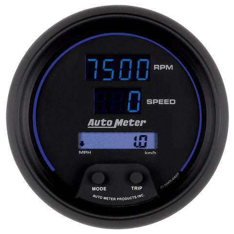 GAUGE, TACH/SPEEDO, 3 3/8in, 260MPH/260KMH/10KRPM, PRGRAM, DIGITAL, BK W/ BLU LED