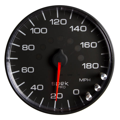 GAUGE, SPEEDOMETER, 5in, 180 MPH, ELEC. PROGRAMMABLE, BLACK/BLACK, SPEK-PRO