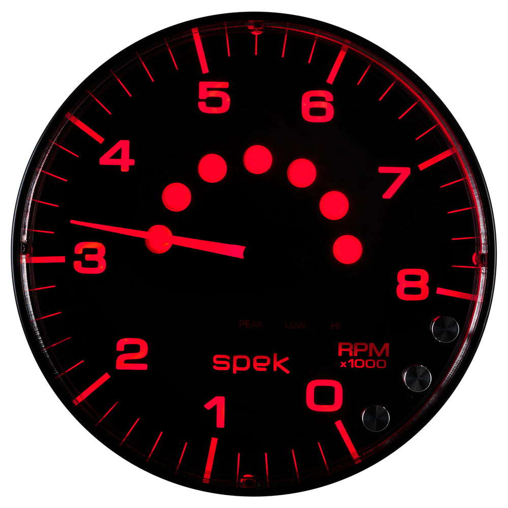 GAUGE, TACHOMETER, 5in, 8K RPM, W/SHIFT LIGHT & PEAK MEM, BLACK/BLACK, SPEK-PRO