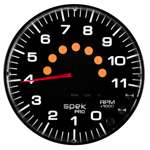 GAUGE, TACHOMETER, 5in, 11K RPM, W/SHIFT LIGHT & PEAK MEM, BLACK/BLACK, SPEK-PRO