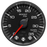 GAUGE, BOOST, 2 1/16in, 35PSI, STEPPER MOTOR W/PEAK & WARN, BLACK/BLACK, SPEK-PRO